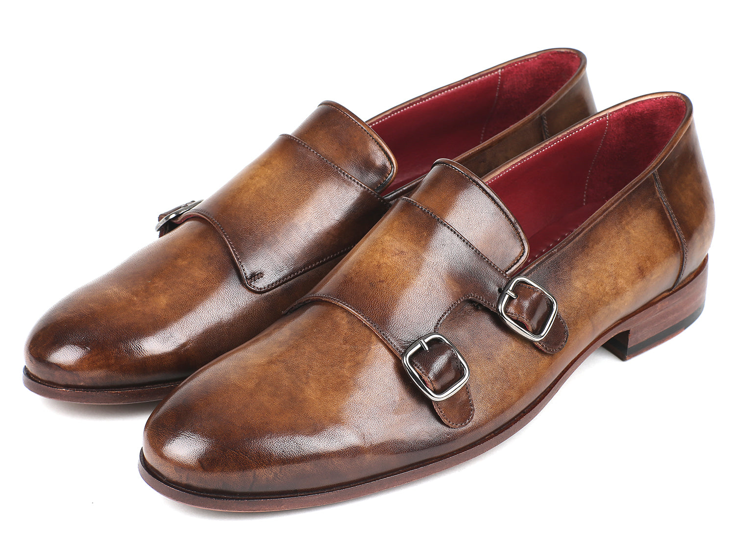 Paul Parkman Men's Double Monkstraps in Olive, showcasing hand-painted calfskin upper and antiqued leather sole.