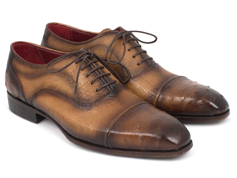 Paul Parkman Men's Genuine Ostrich Captoe Oxfords in camel color with intricate detailing and luxurious finish.