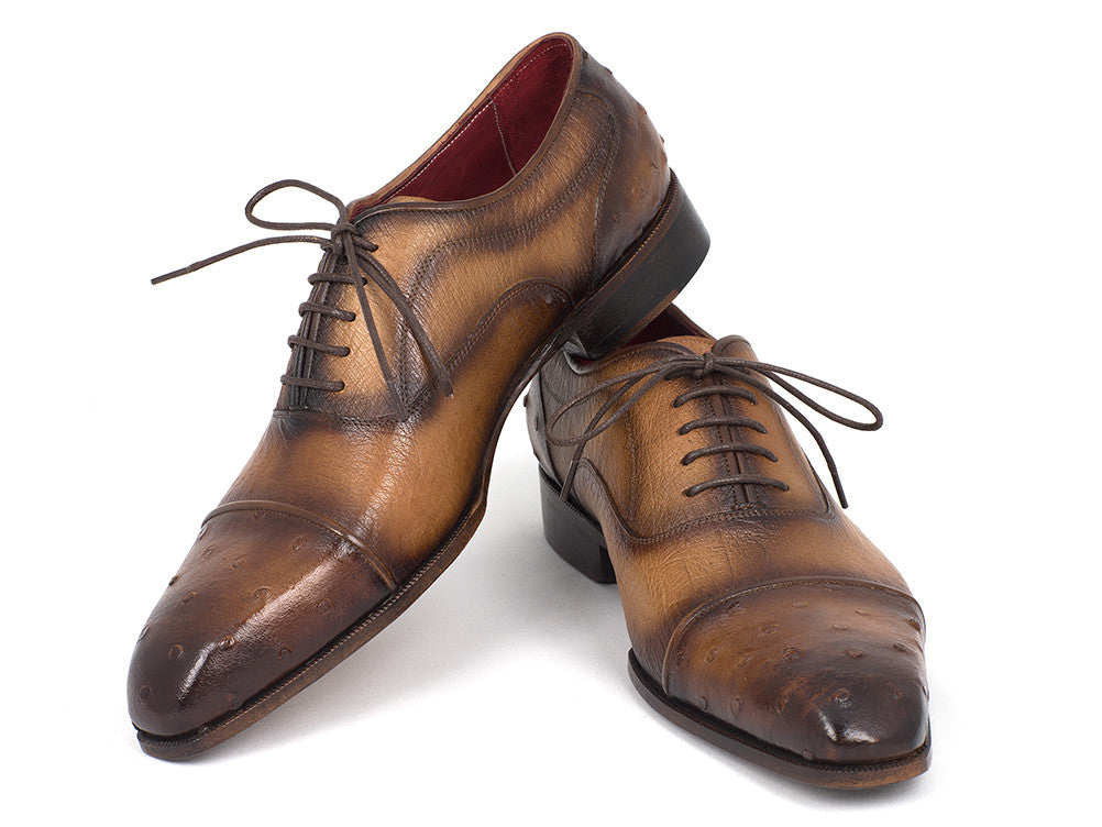 Paul Parkman Men's Genuine Ostrich Captoe Oxfords in camel color with intricate detailing and luxurious finish.