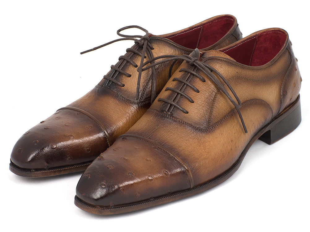 Paul Parkman Men's Genuine Ostrich Captoe Oxfords in camel color with intricate detailing and luxurious finish.