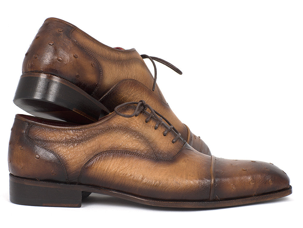 Paul Parkman Men's Genuine Ostrich Captoe Oxfords in camel color with intricate detailing and luxurious finish.