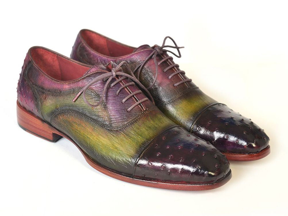 Paul Parkman Men's Genuine Ostrich Captoe Oxfords in Green and Purple with intricate patina finish and double leather sole.