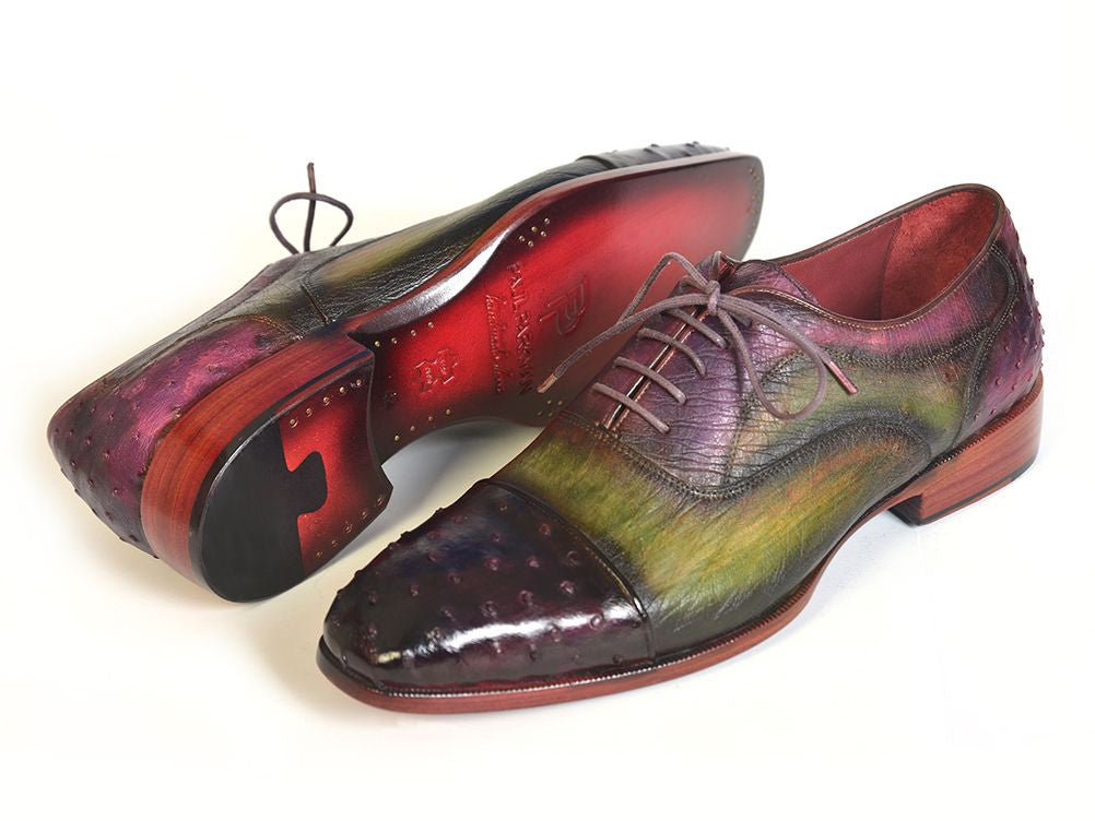 Paul Parkman Men's Genuine Ostrich Captoe Oxfords in Green and Purple with intricate patina finish and double leather sole.