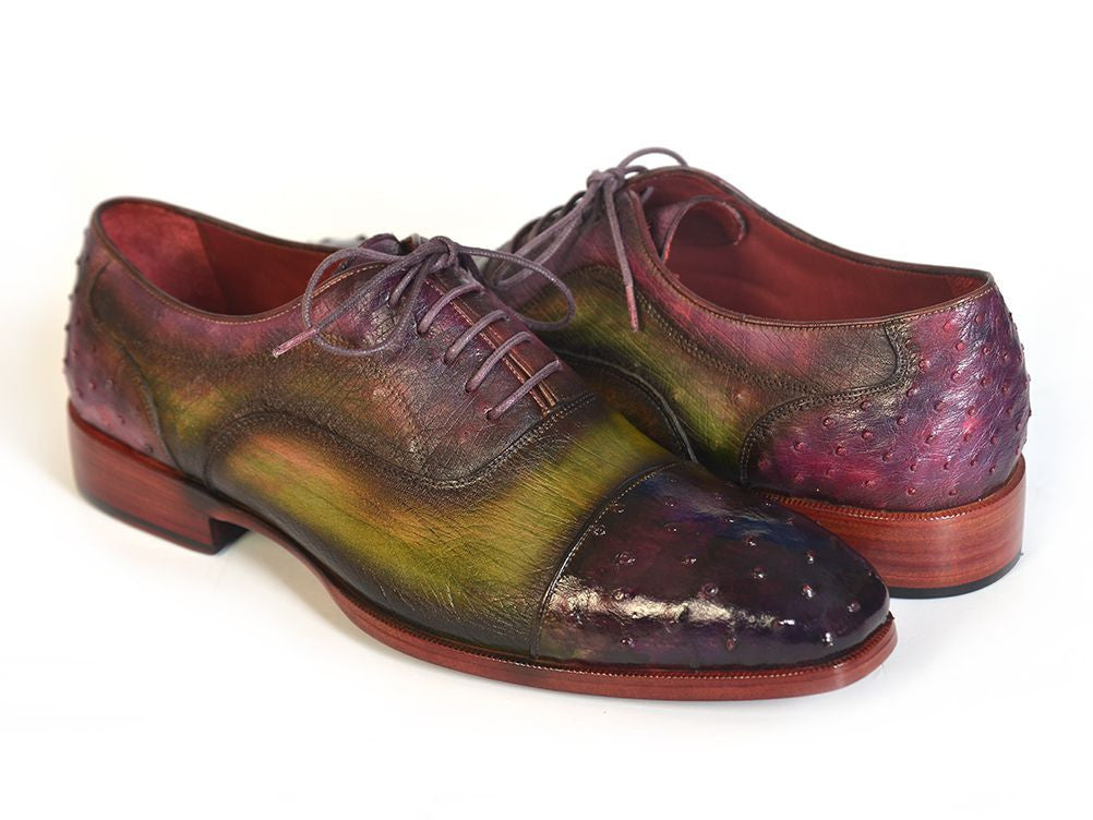 Paul Parkman Men's Genuine Ostrich Captoe Oxfords in Green and Purple with intricate patina finish and double leather sole.