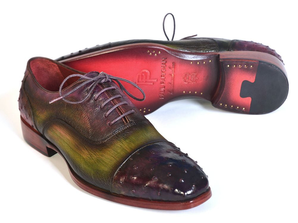 Paul Parkman Men's Genuine Ostrich Captoe Oxfords in Green and Purple with intricate patina finish and double leather sole.