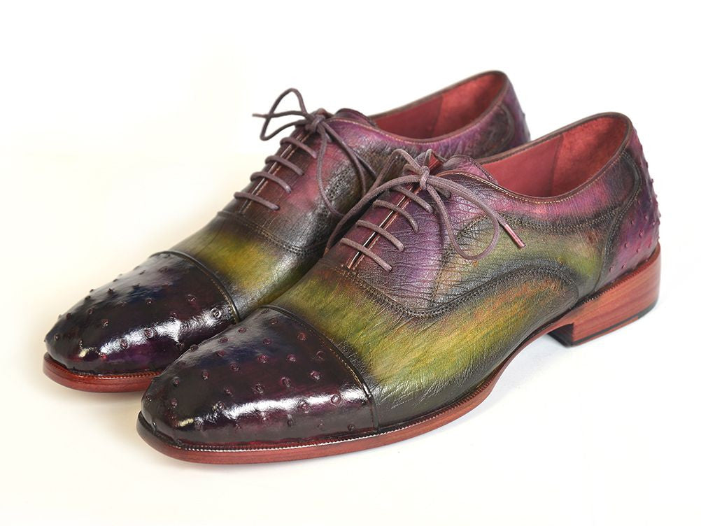 Paul Parkman Men's Genuine Ostrich Captoe Oxfords in Green and Purple with intricate patina finish and double leather sole.