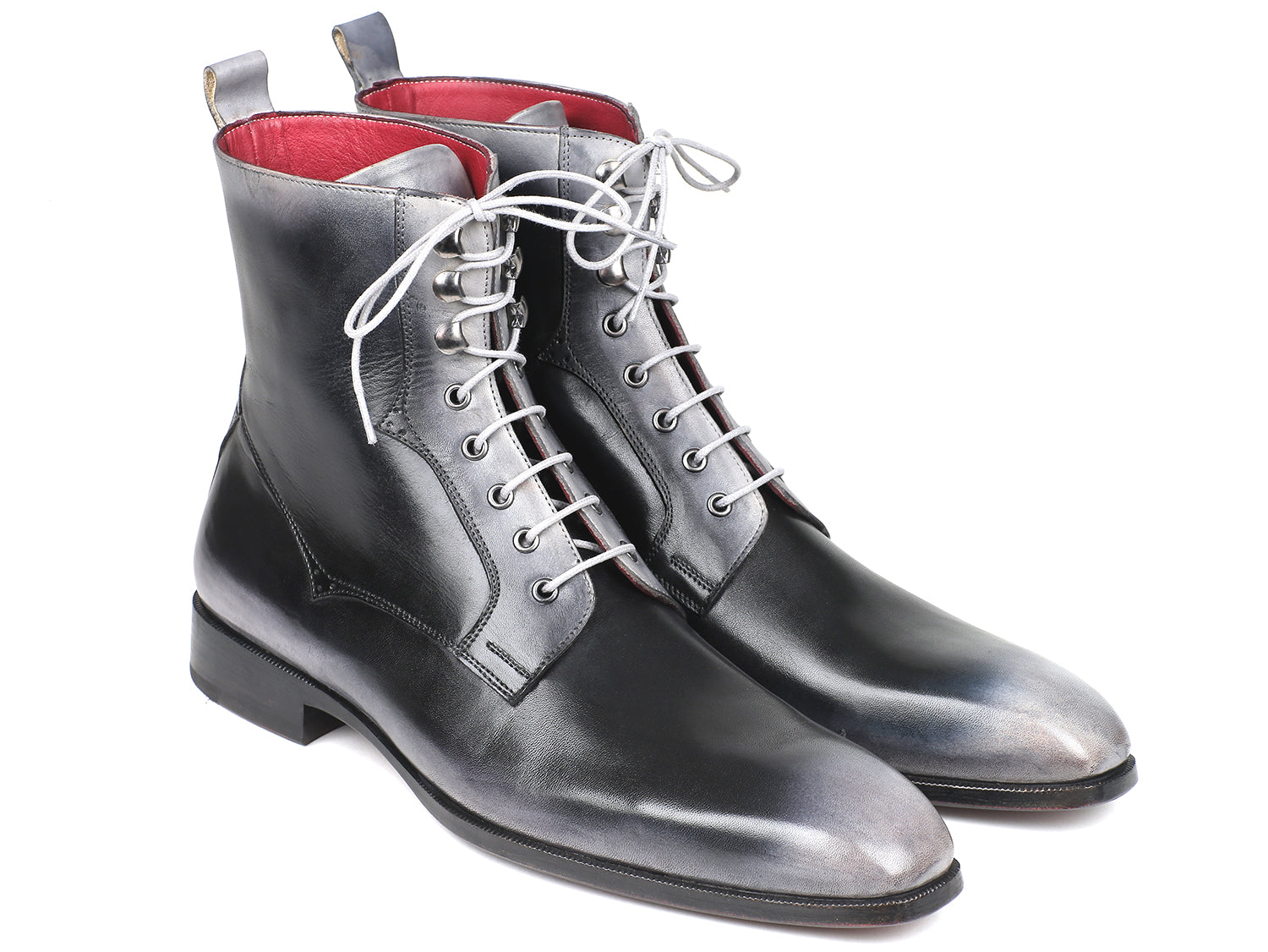 Paul Parkman Men's Gray Burnished Leather Lace-Up Boots showcasing hand-painted calfskin and purple leather sole.