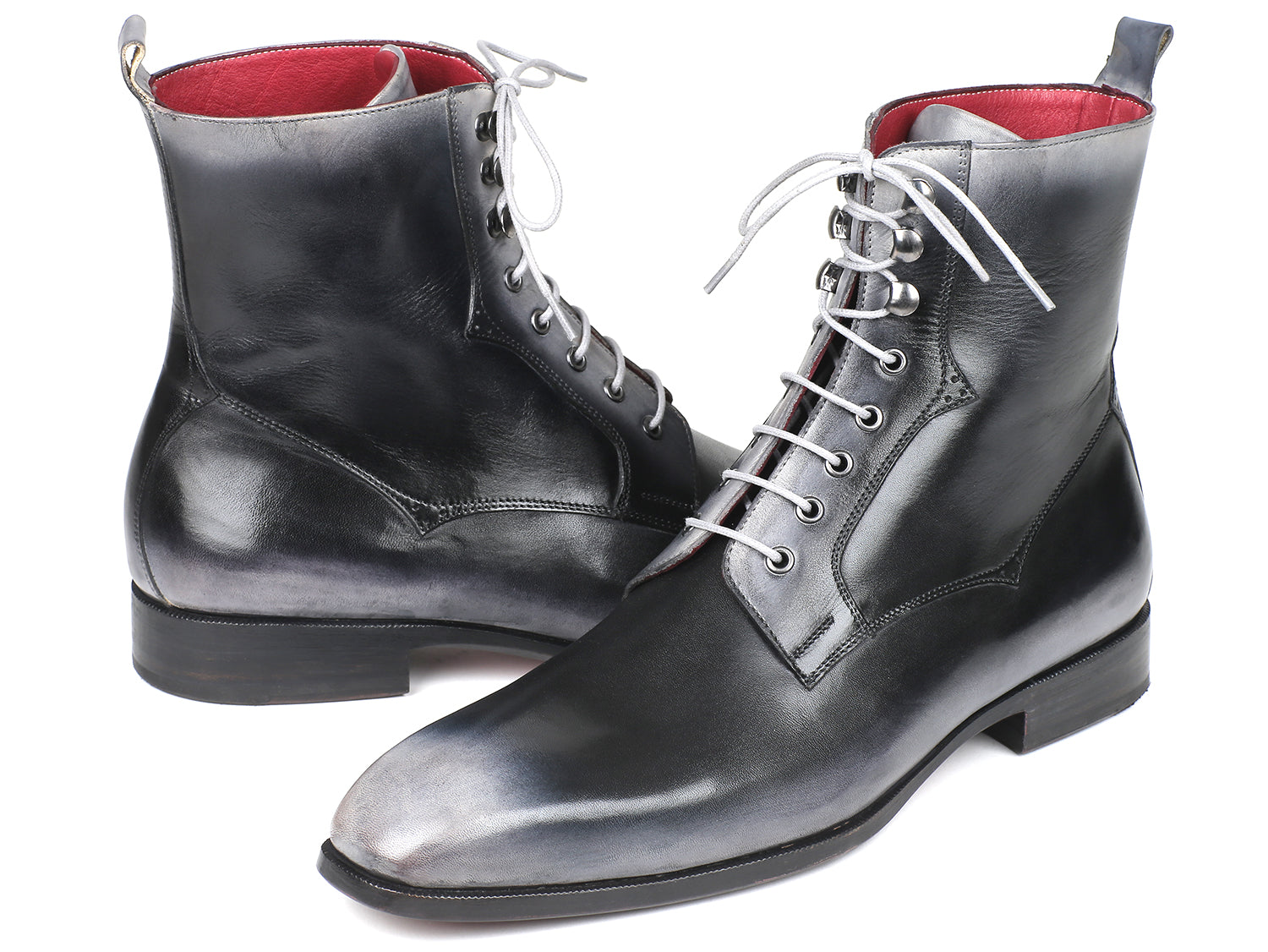 Paul Parkman Men's Gray Burnished Leather Lace-Up Boots showcasing hand-painted calfskin and purple leather sole.