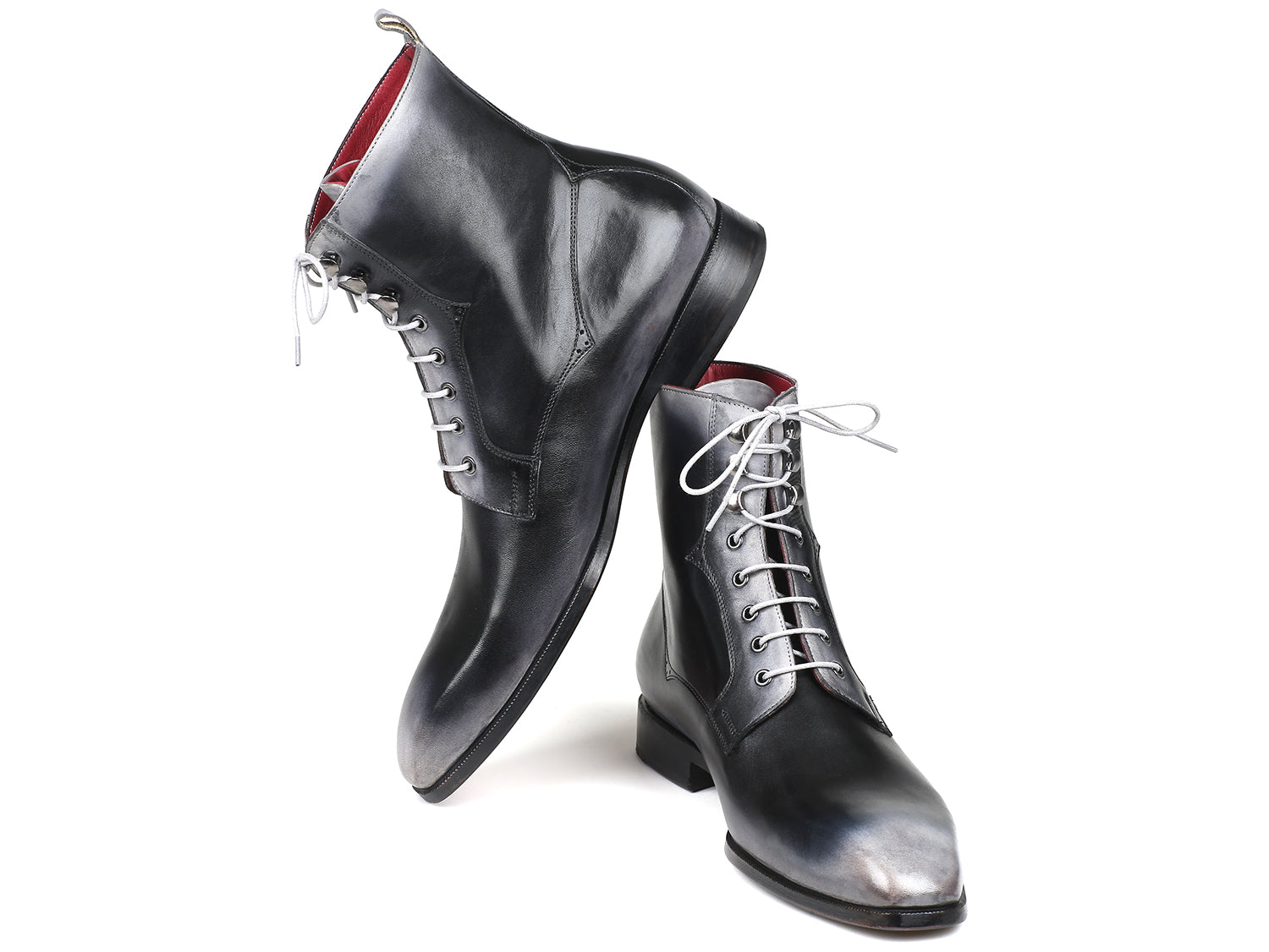 Paul Parkman Men's Gray Burnished Leather Lace-Up Boots showcasing hand-painted calfskin and purple leather sole.