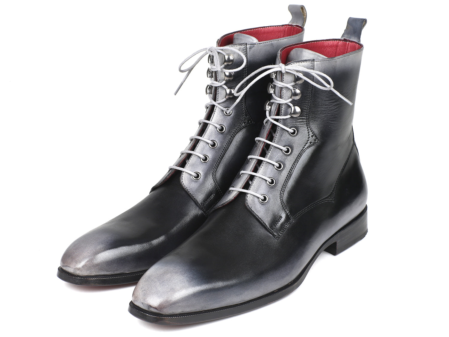 Paul Parkman Men's Gray Burnished Leather Lace-Up Boots showcasing hand-painted calfskin and purple leather sole.