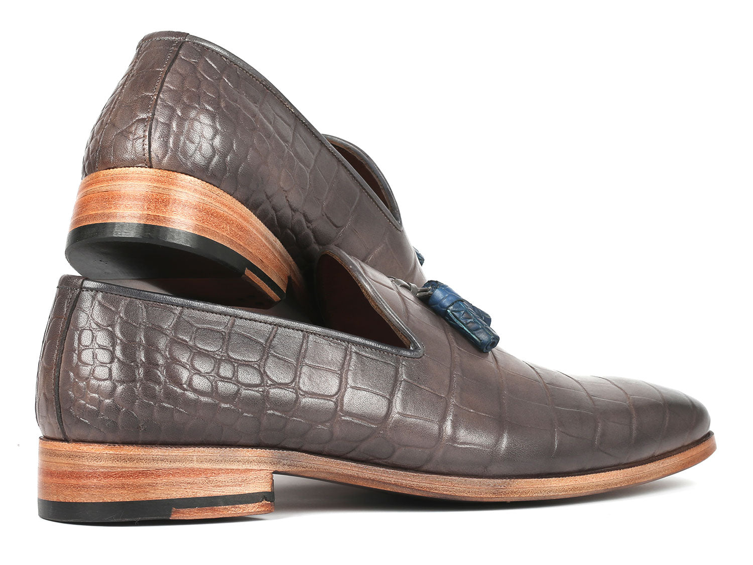 Paul Parkman Men's Gray Crocodile Embossed Calfskin Tassel Loafer showcasing hand-painted leather and elegant tassel design.