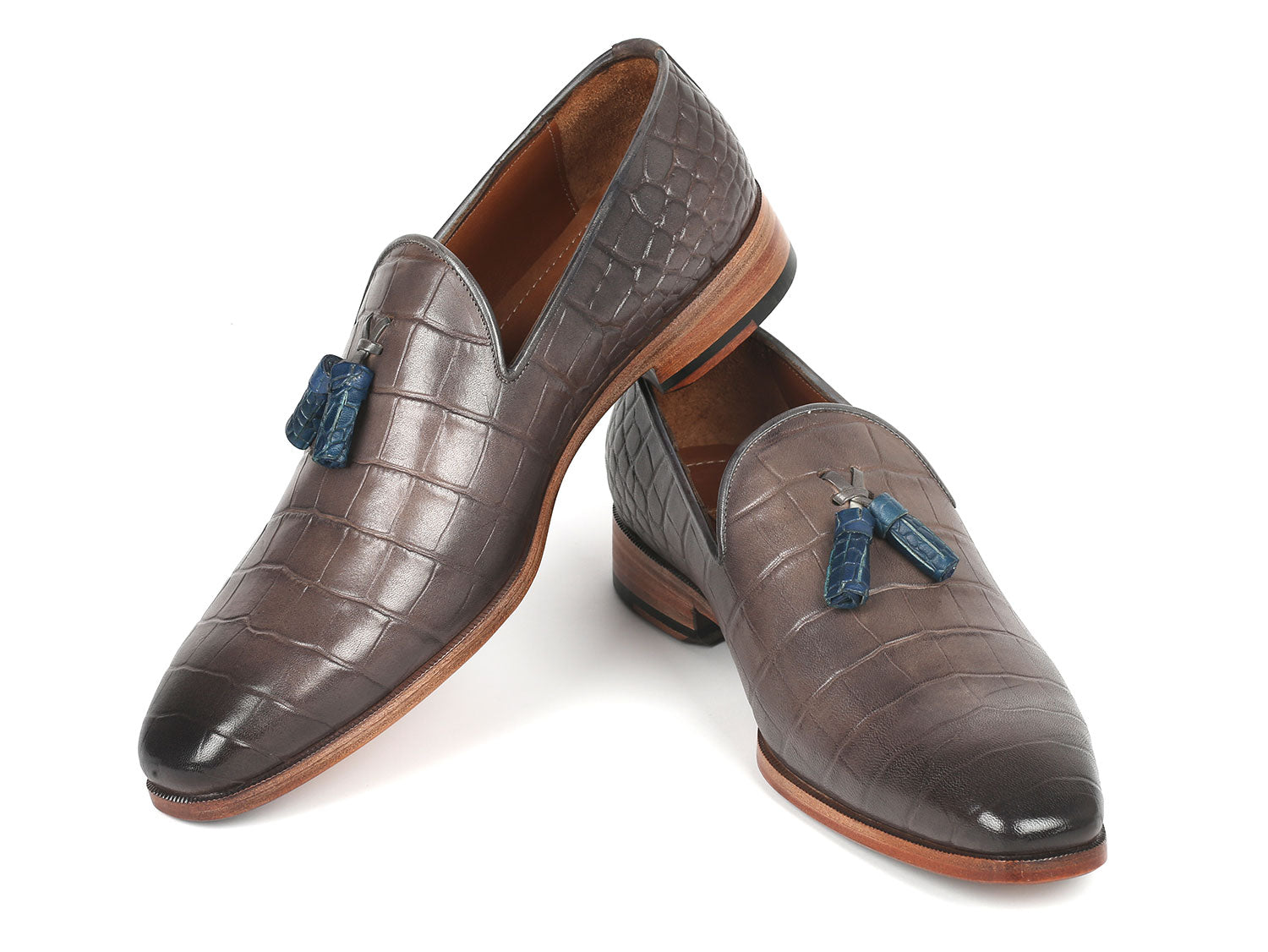 Paul Parkman Men's Gray Crocodile Embossed Calfskin Tassel Loafer showcasing hand-painted leather and elegant tassel design.