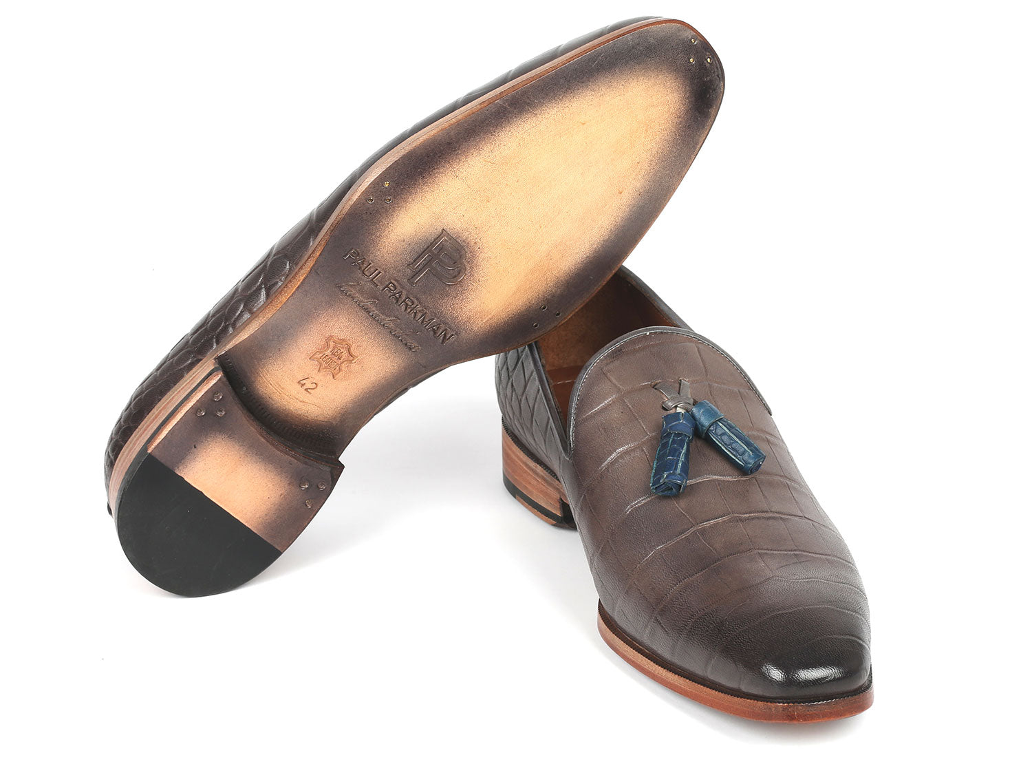 Paul Parkman Men's Gray Crocodile Embossed Calfskin Tassel Loafer showcasing hand-painted leather and elegant tassel design.