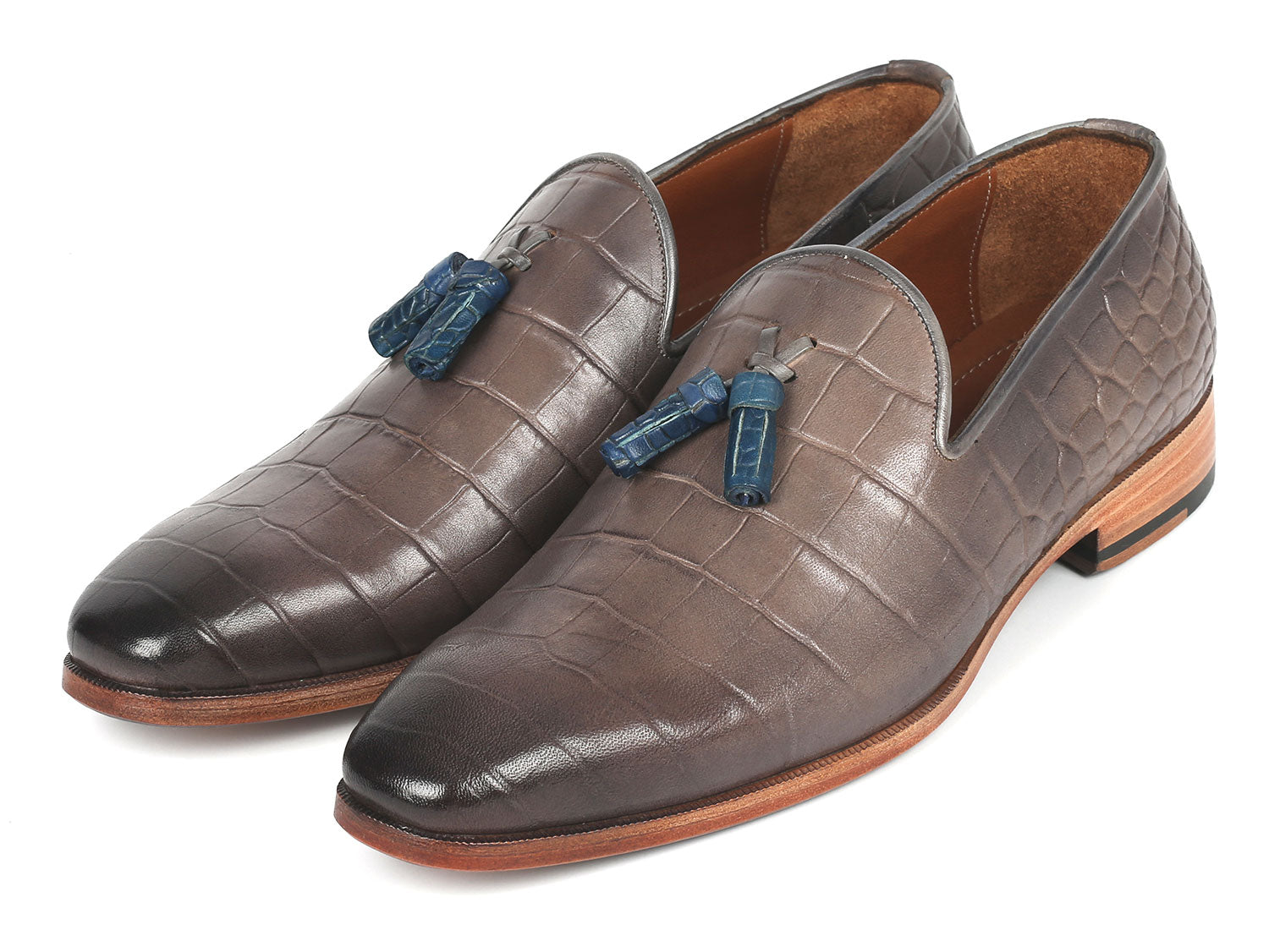 Paul Parkman Men's Gray Crocodile Embossed Calfskin Tassel Loafer showcasing hand-painted leather and elegant tassel design.