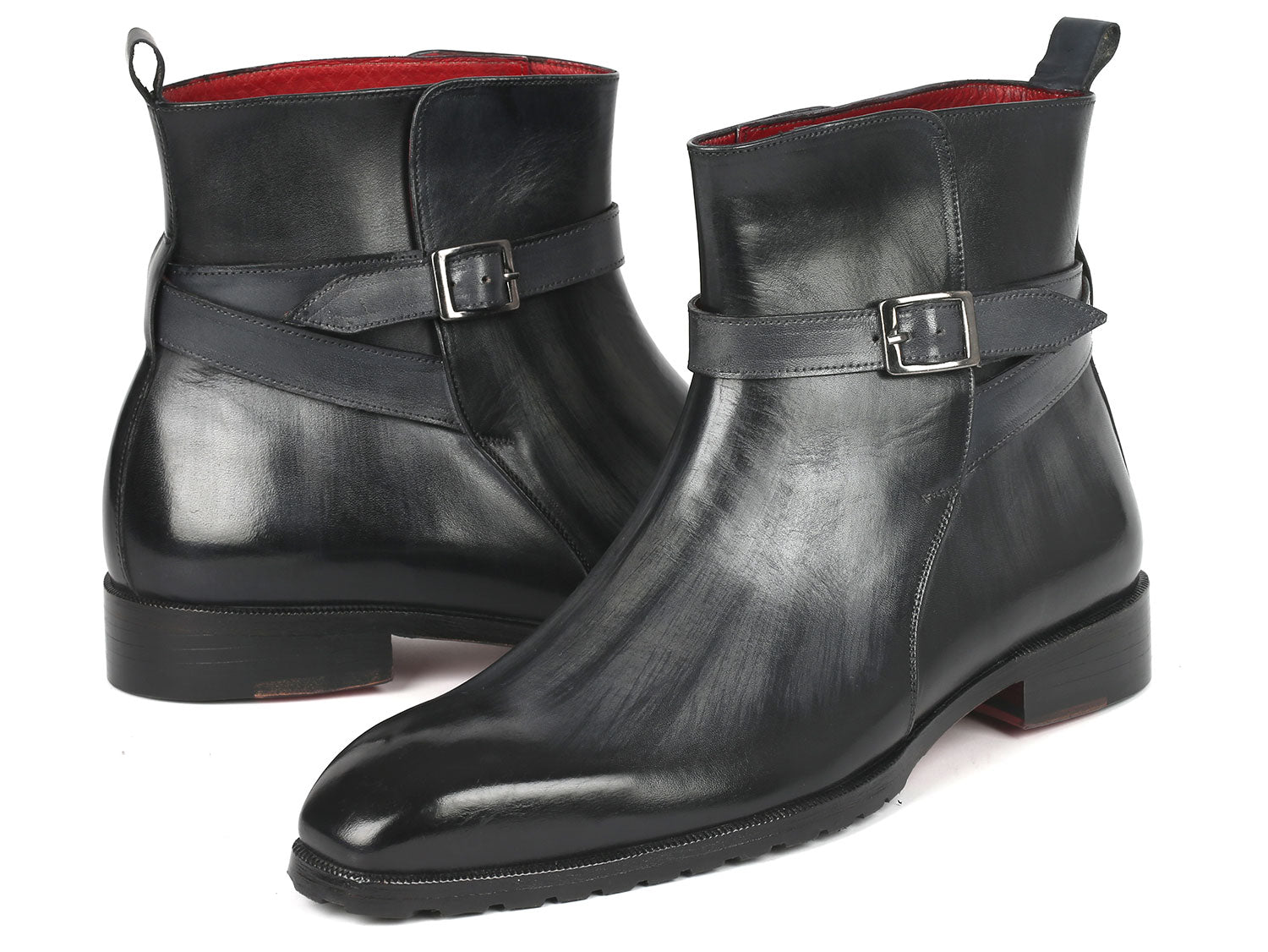 Paul Parkman Men's Gray Patina Jodhpur Boots featuring hand-painted leather, single buckle design, and Bordeaux leather lining.