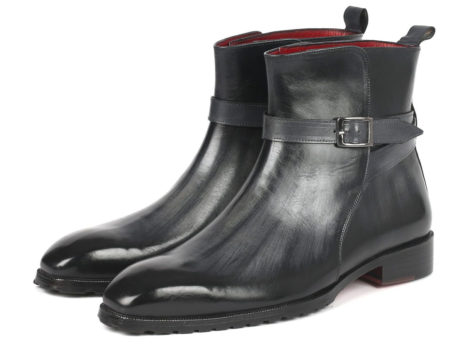 Paul Parkman Men's Gray Patina Jodhpur Boots featuring hand-painted leather, single buckle design, and Bordeaux leather lining.