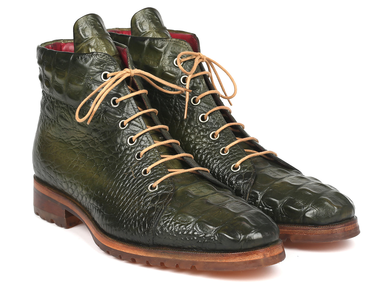 Paul Parkman Men's Green Croco Embossed Leather Boots showcasing hand-painted green leather with a textured croco pattern.