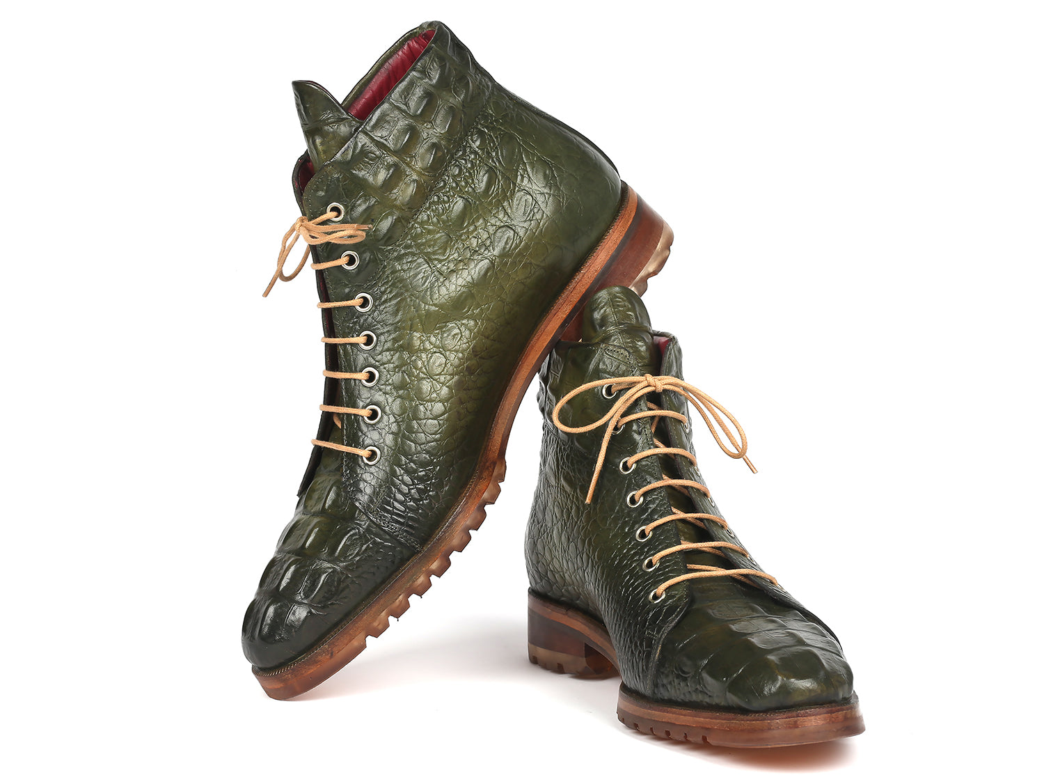 Paul Parkman Men's Green Croco Embossed Leather Boots showcasing hand-painted green leather with a textured croco pattern.