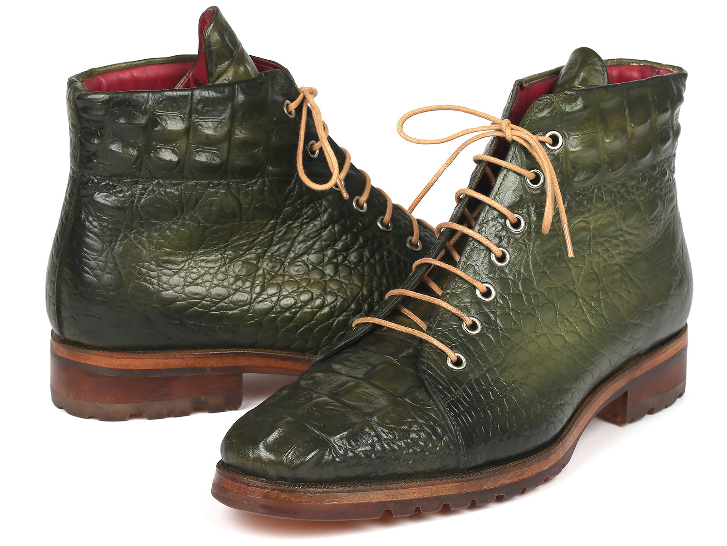 Paul Parkman Men's Green Croco Embossed Leather Boots showcasing hand-painted green leather with a textured croco pattern.