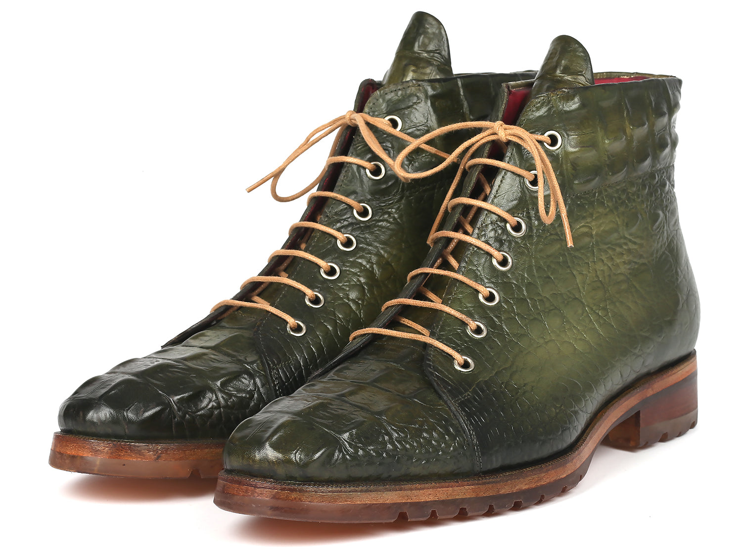 Paul Parkman Men's Green Croco Embossed Leather Boots showcasing hand-painted green leather with a textured croco pattern.