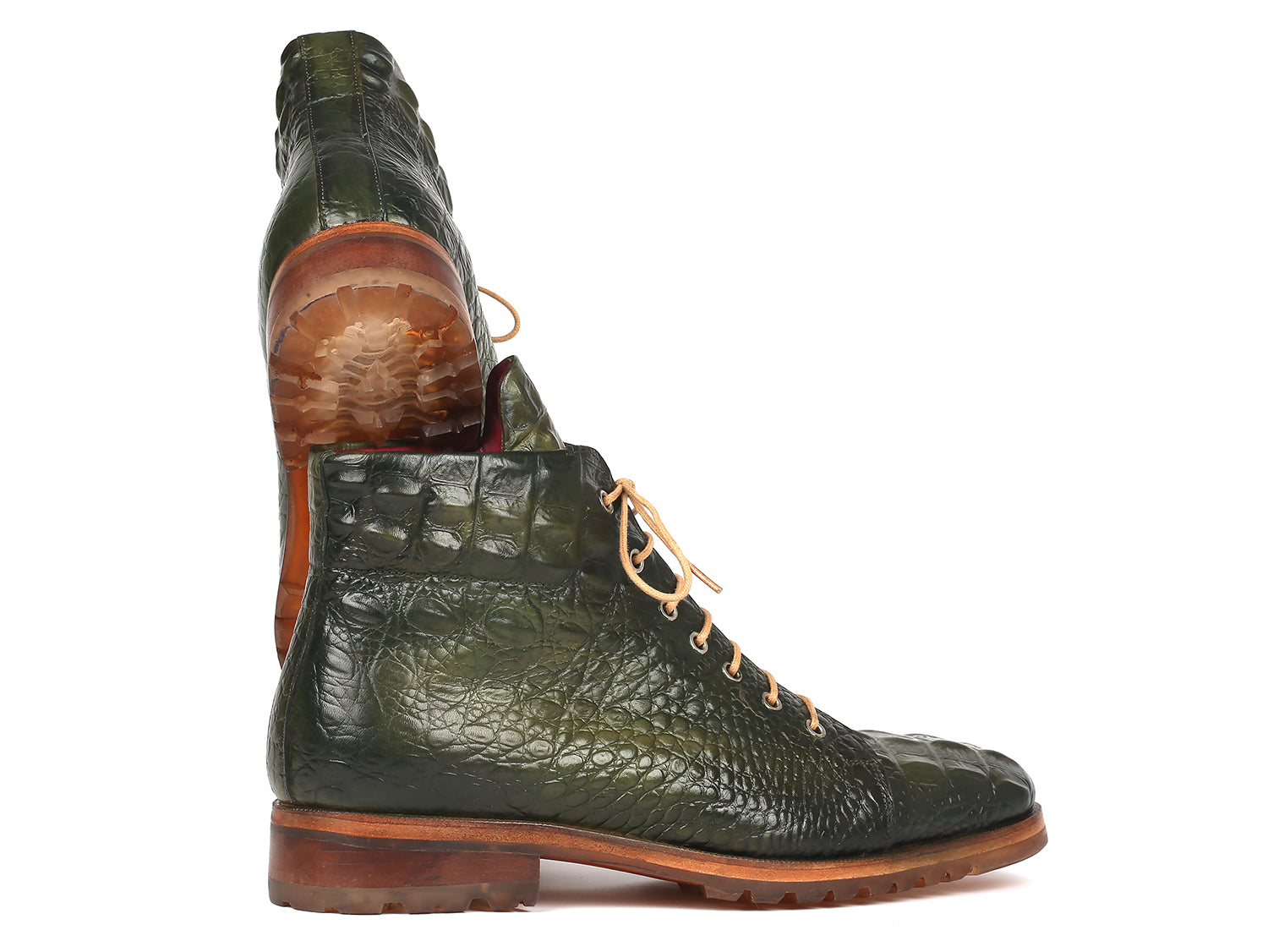 Paul Parkman Men's Green Croco Embossed Leather Boots showcasing hand-painted green leather with a textured croco pattern.