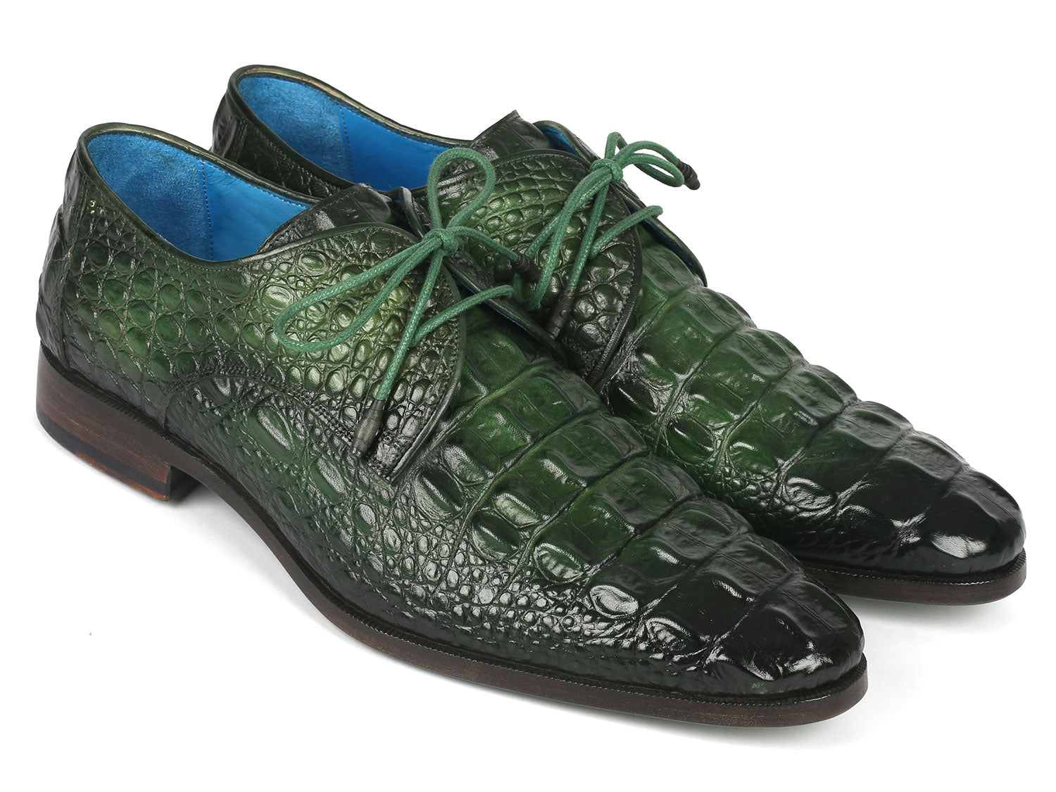 Paul Parkman Men's Green Croco Textured Leather Derby Shoes showcasing unique hand-painted design and luxurious leather texture.