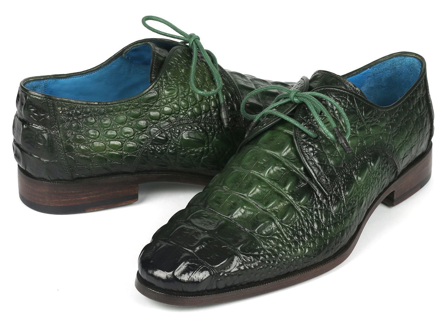 Paul Parkman Men's Green Croco Textured Leather Derby Shoes showcasing unique hand-painted design and luxurious leather texture.