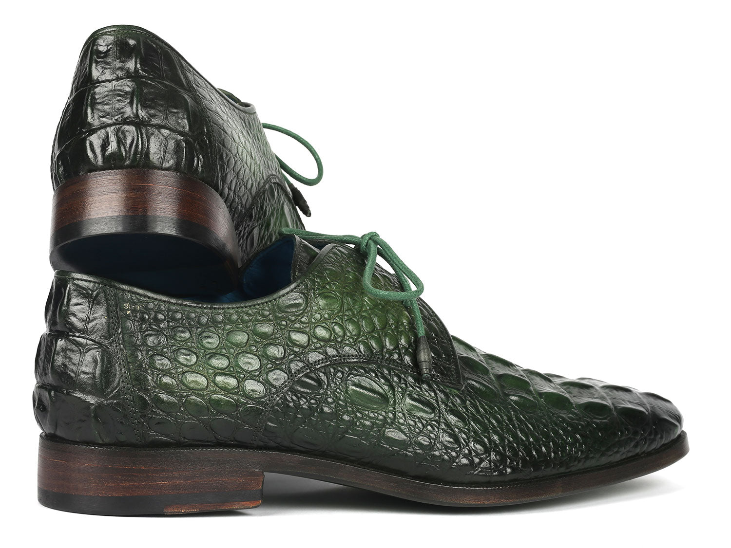 Paul Parkman Men's Green Croco Textured Leather Derby Shoes showcasing unique hand-painted design and luxurious leather texture.