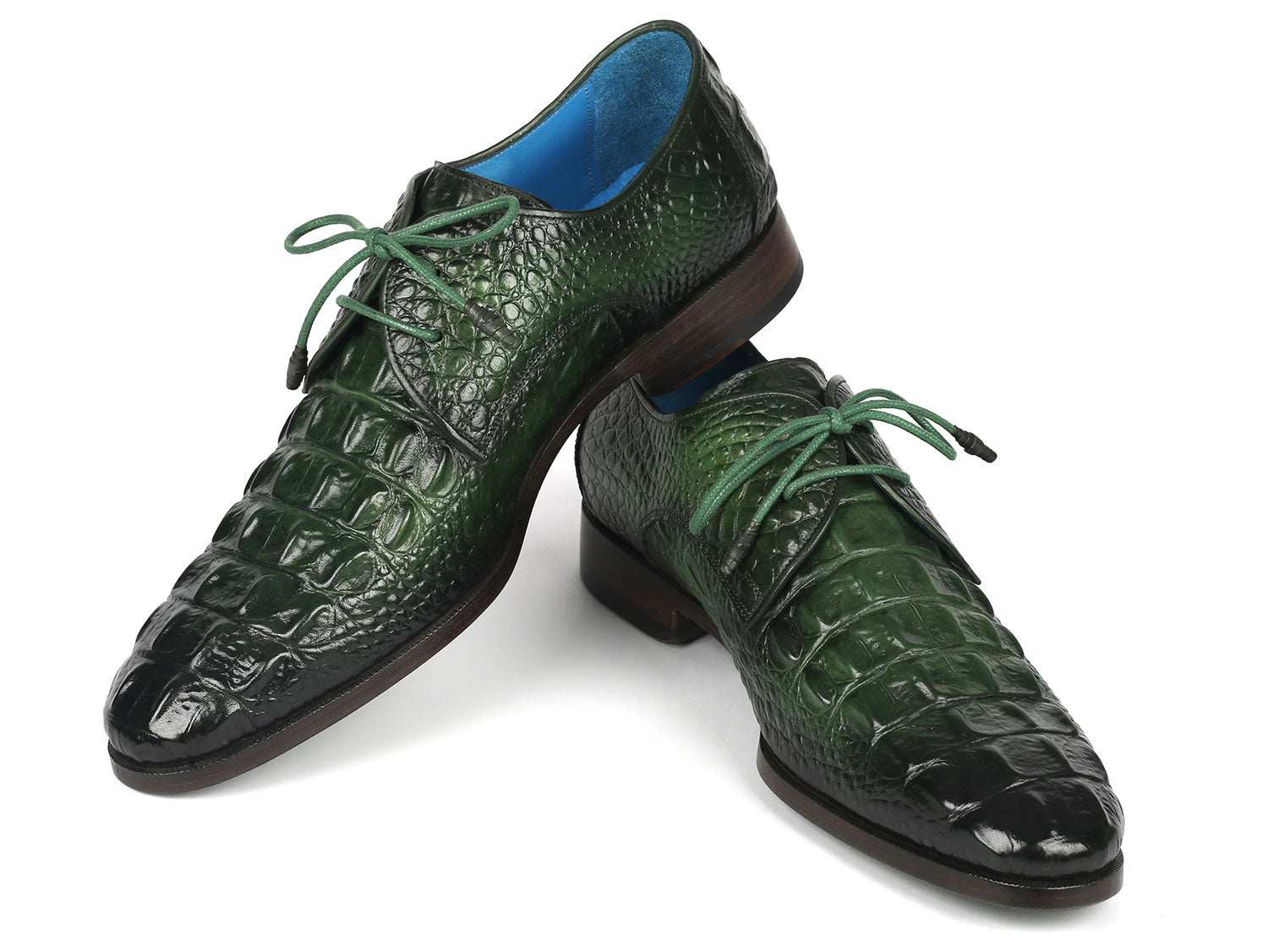 Paul Parkman Men's Green Croco Textured Leather Derby Shoes showcasing unique hand-painted design and luxurious leather texture.