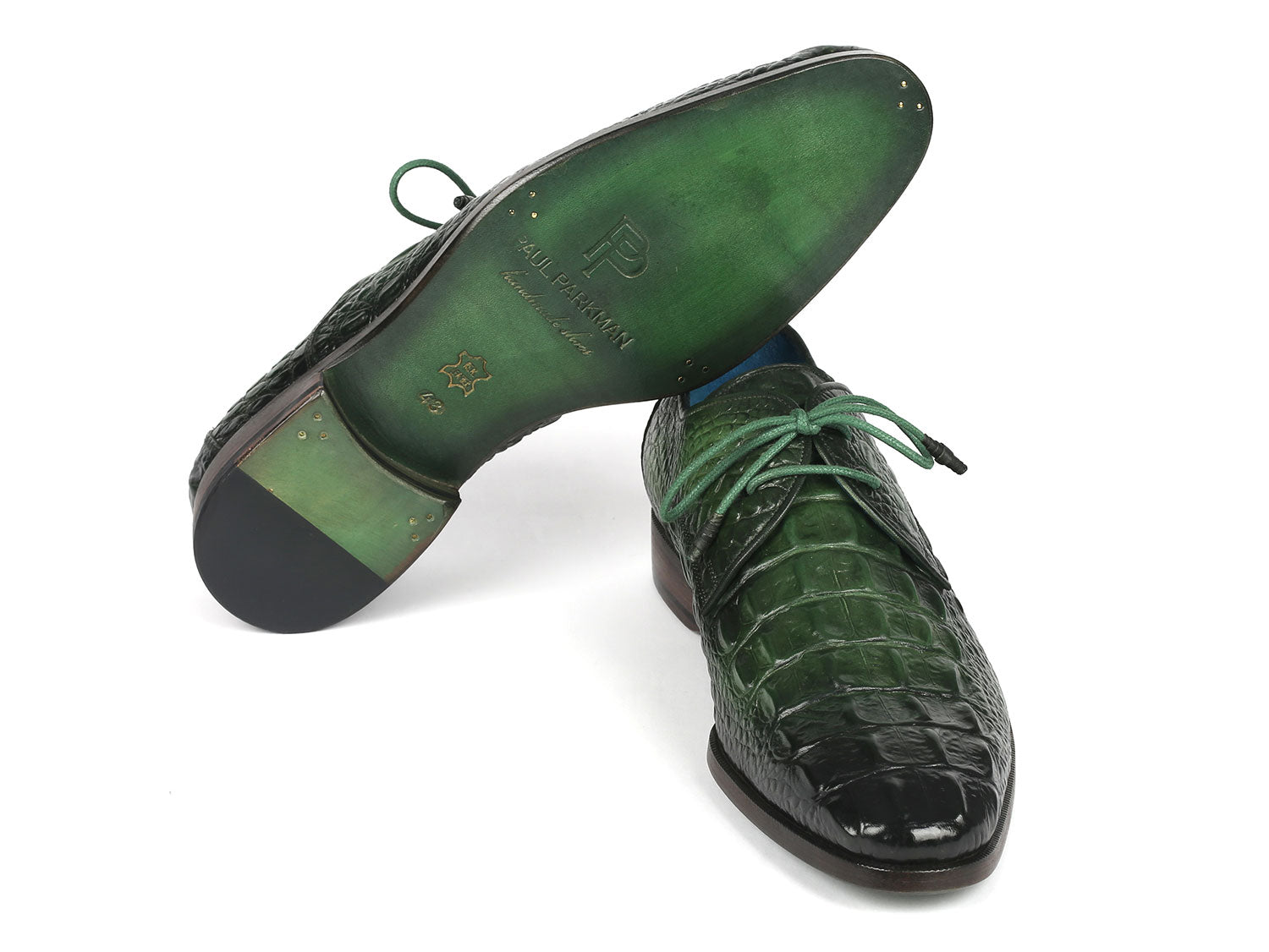 Paul Parkman Men's Green Croco Textured Leather Derby Shoes showcasing unique hand-painted design and luxurious leather texture.