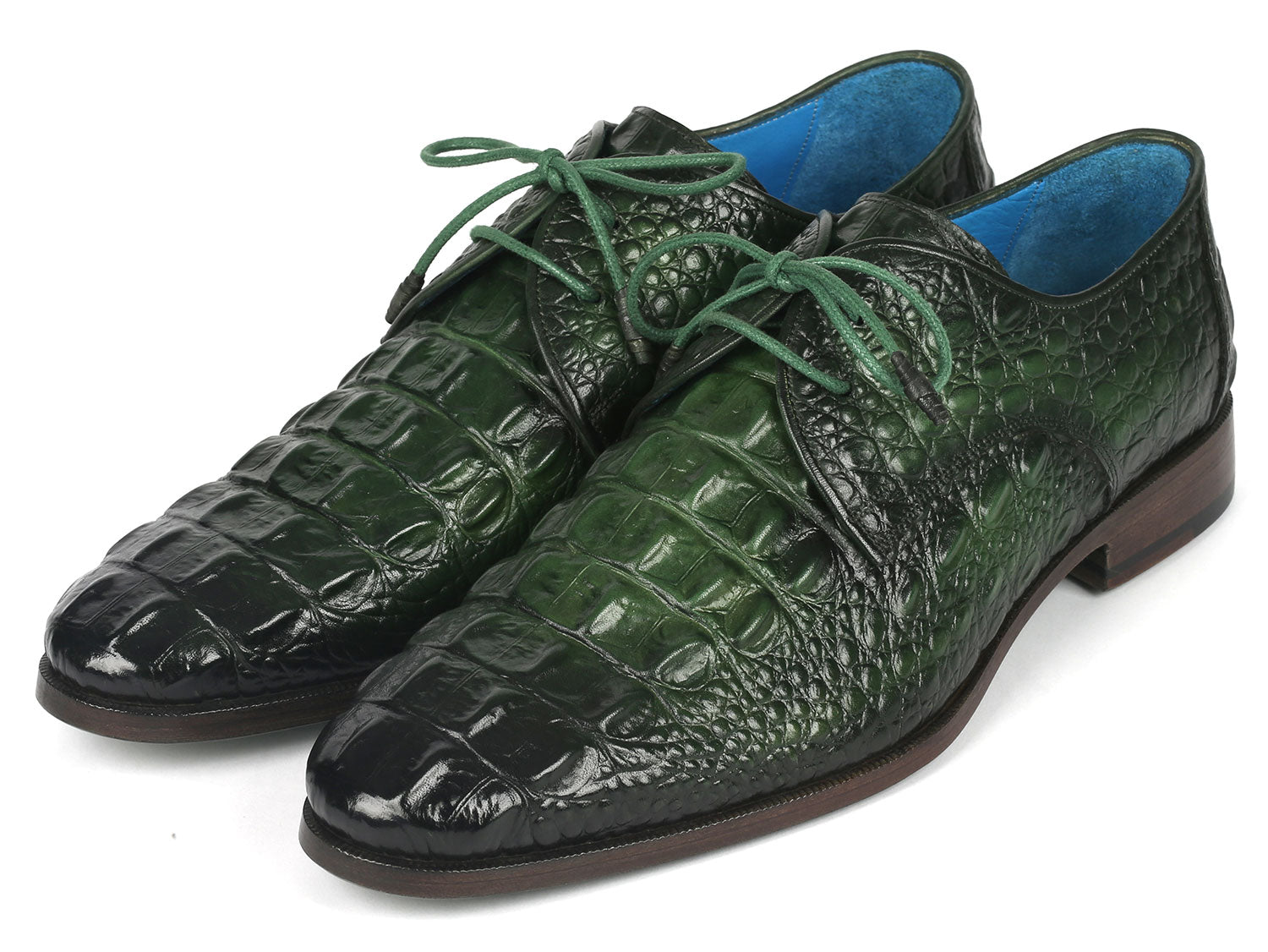 Paul Parkman Men's Green Croco Textured Leather Derby Shoes showcasing unique hand-painted design and luxurious leather texture.