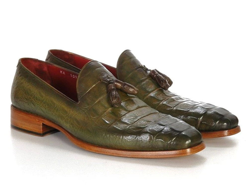 Paul Parkman Men's Green Crocodile Embossed Calfskin Tassel Loafer showcasing luxurious green leather with tassel detail.