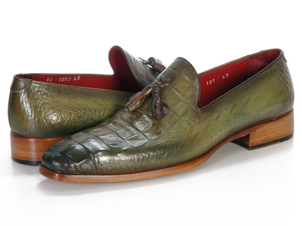 Paul Parkman Men's Green Crocodile Embossed Calfskin Tassel Loafer showcasing luxurious green leather with tassel detail.