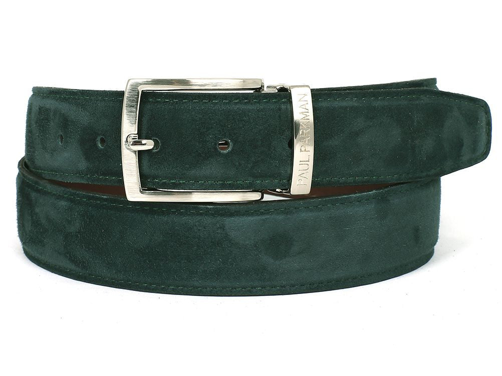 PAUL PARKMAN Men's Green Suede Belt showcasing its rich green color and premium suede texture, designed to match Paul Parkman shoes.