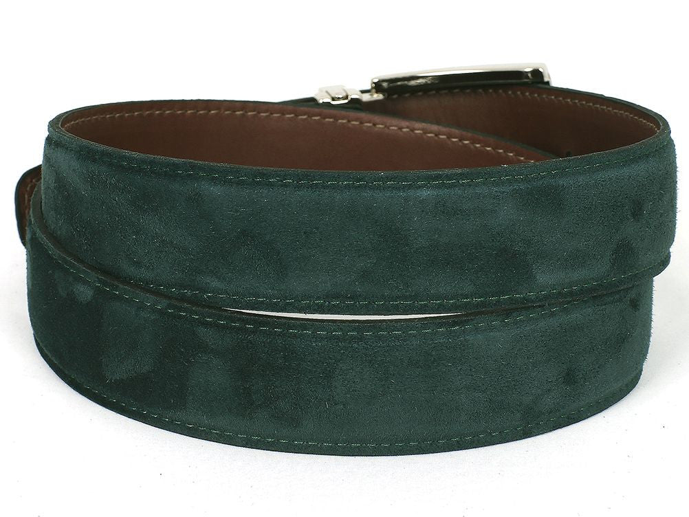 PAUL PARKMAN Men's Green Suede Belt showcasing its rich green color and premium suede texture, designed to match Paul Parkman shoes.