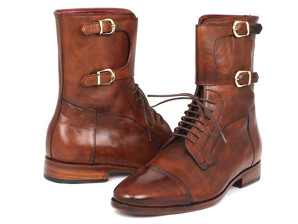 Paul Parkman Men's High Boots in brown calfskin with captoe design and buckles, showcasing luxurious craftsmanship and unique hand-painted finish.