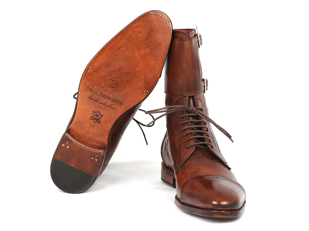 Paul Parkman Men's High Boots in brown calfskin with captoe design and buckles, showcasing luxurious craftsmanship and unique hand-painted finish.