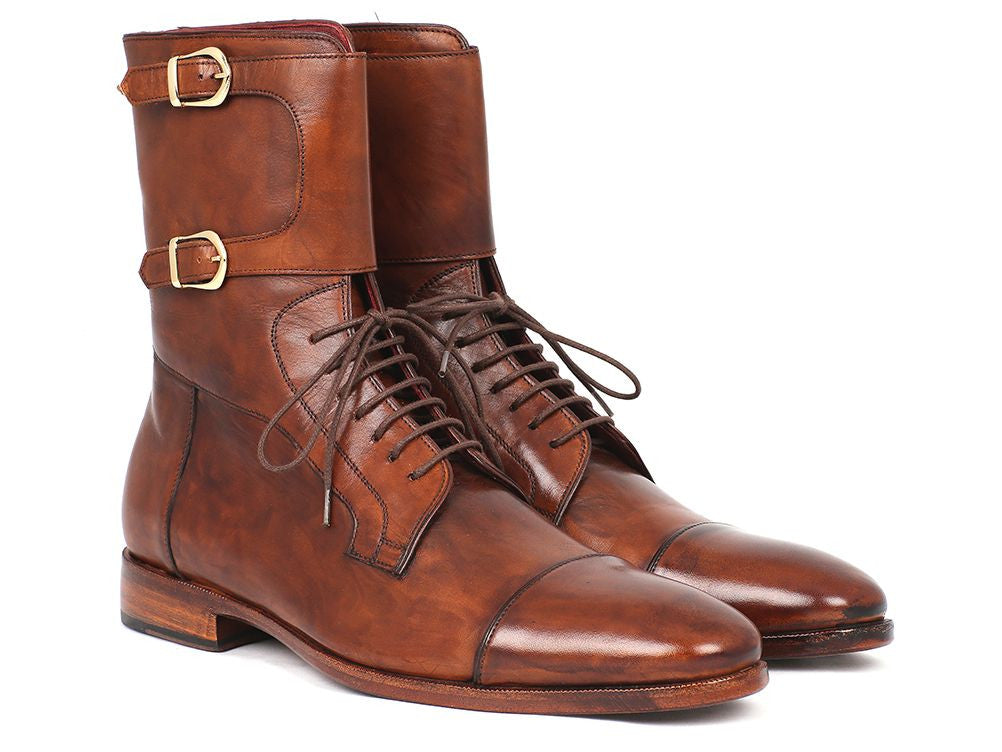 Paul Parkman Men's High Boots in brown calfskin with captoe design and buckles, showcasing luxurious craftsmanship and unique hand-painted finish.