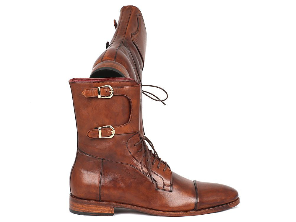 Paul Parkman Men's High Boots in brown calfskin with captoe design and buckles, showcasing luxurious craftsmanship and unique hand-painted finish.