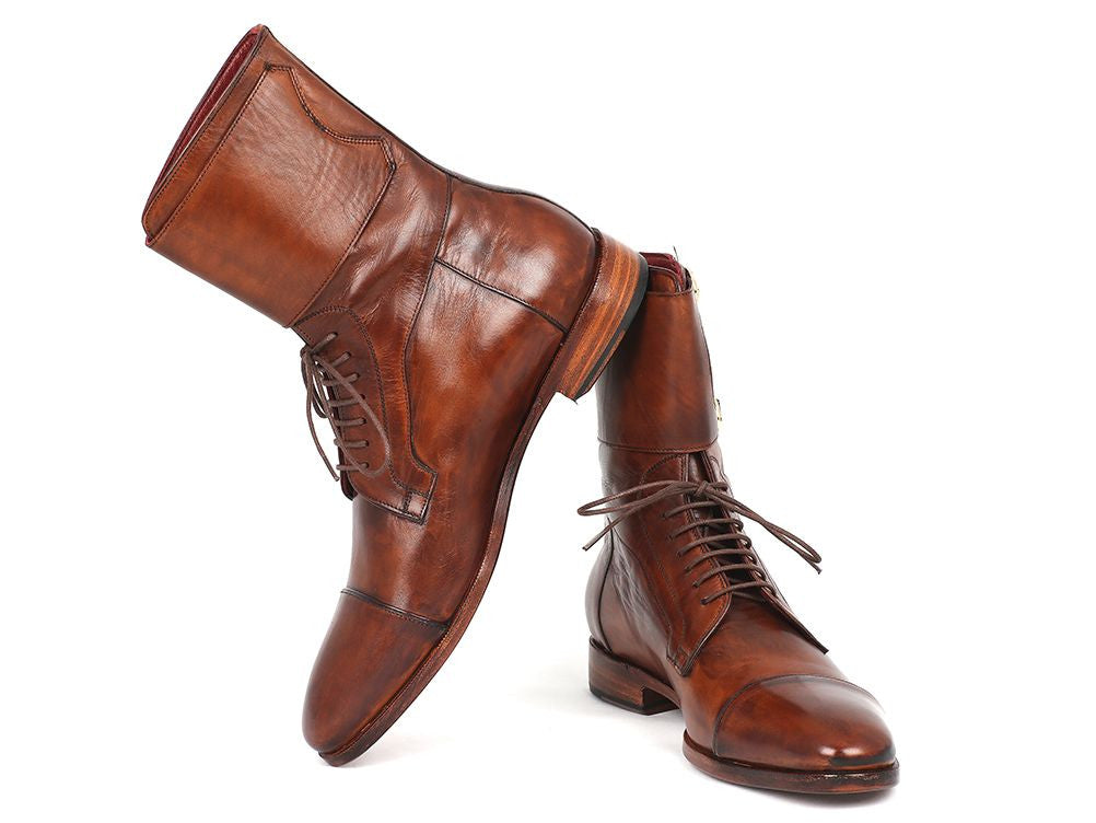 Paul Parkman Men's High Boots in brown calfskin with captoe design and buckles, showcasing luxurious craftsmanship and unique hand-painted finish.