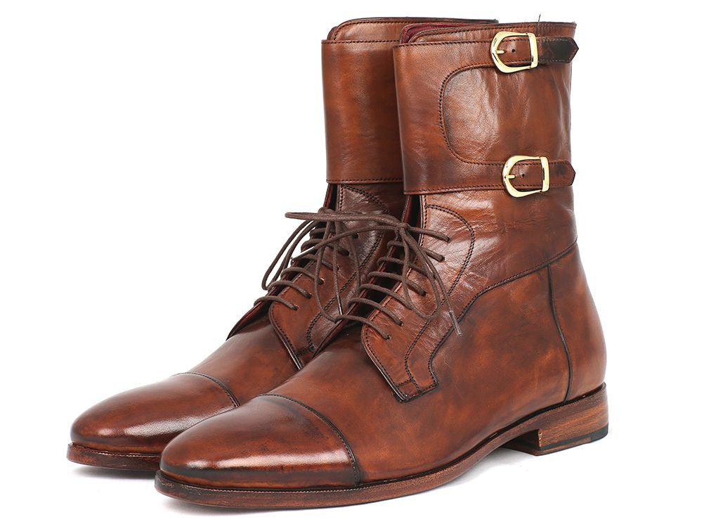 Paul Parkman Men's High Boots in brown calfskin with captoe design and buckles, showcasing luxurious craftsmanship and unique hand-painted finish.