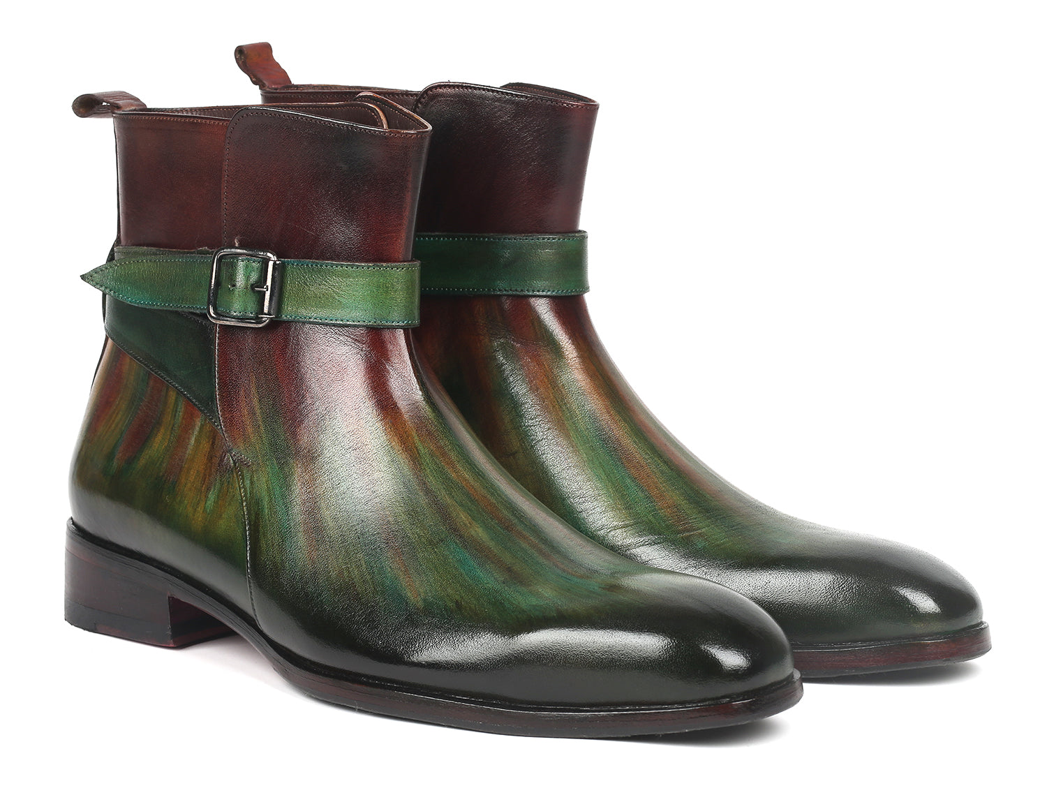 Paul Parkman Men's Jodhpur Boots in Green and Bordeaux, featuring hand-painted leather, single buckle design, and luxurious interior.