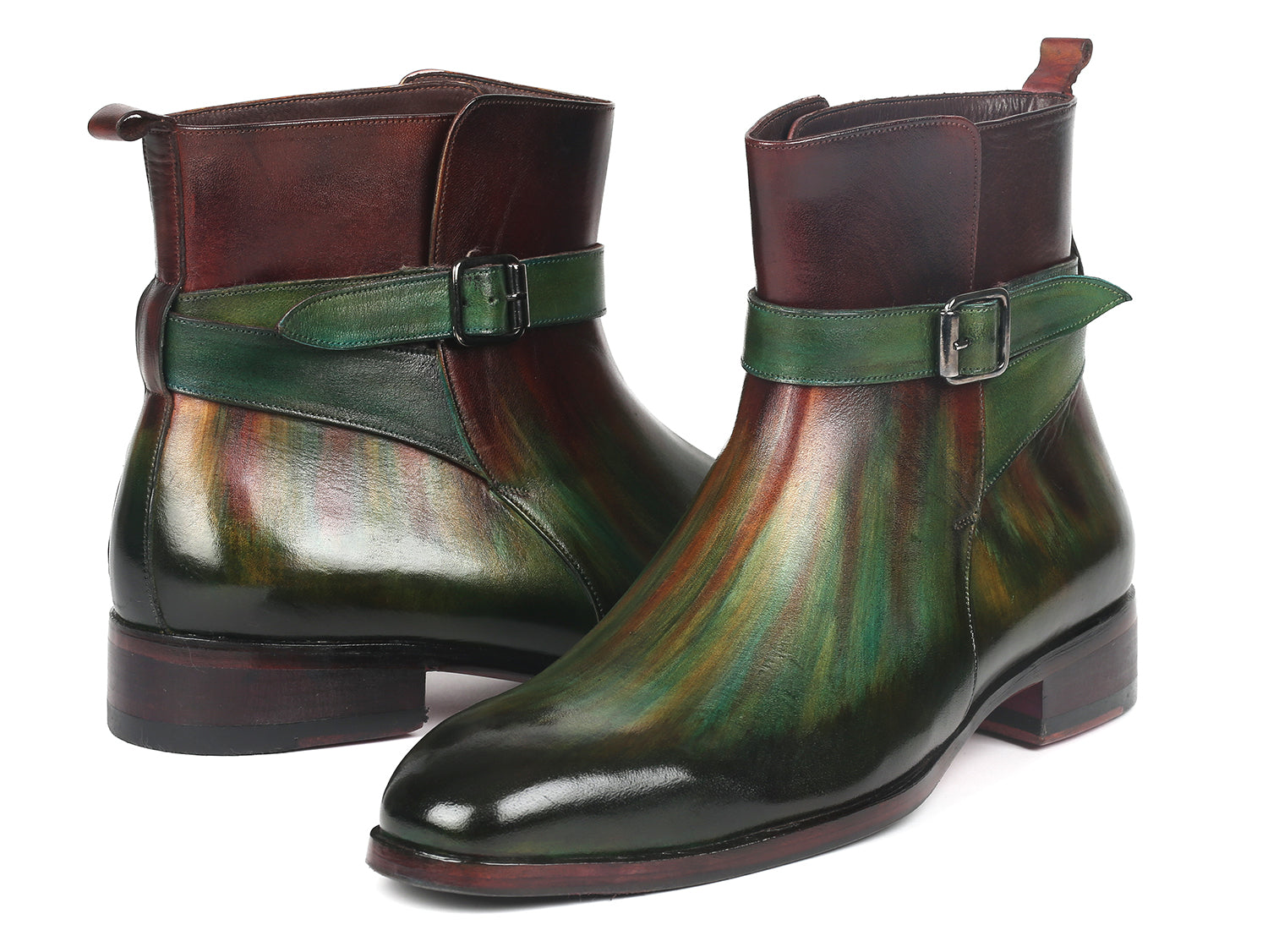 Paul Parkman Men's Jodhpur Boots in Green and Bordeaux, featuring hand-painted leather, single buckle design, and luxurious interior.