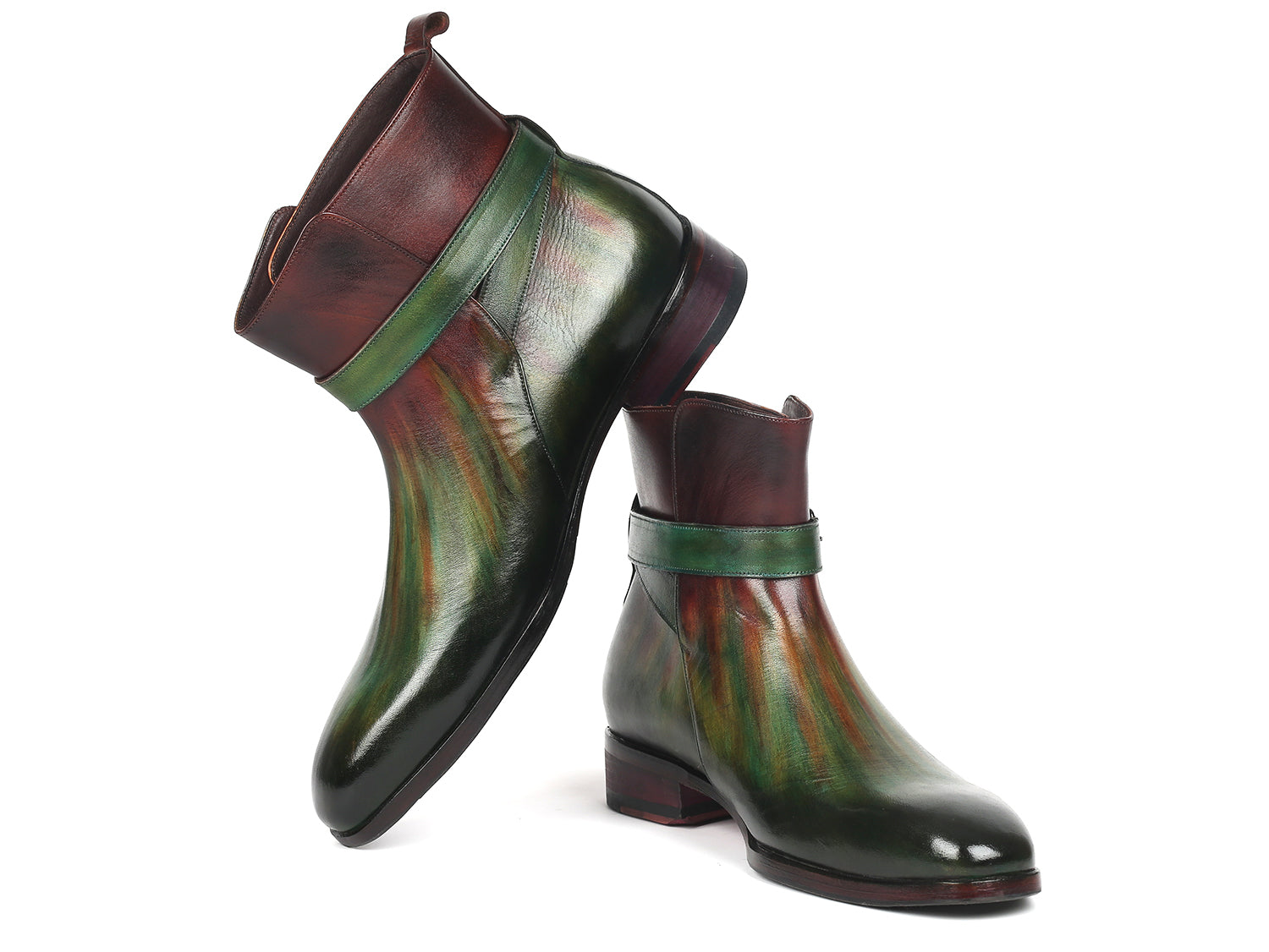 Paul Parkman Men's Jodhpur Boots in Green and Bordeaux, featuring hand-painted leather, single buckle design, and luxurious interior.