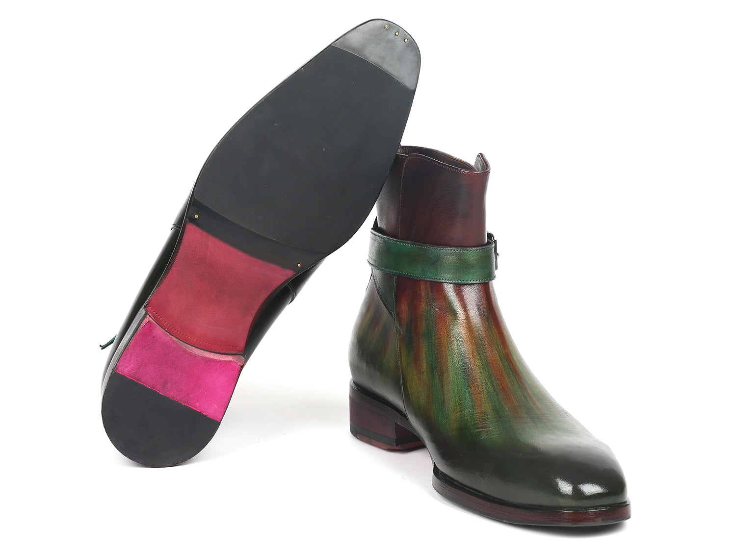 Paul Parkman Men's Jodhpur Boots in Green and Bordeaux, featuring hand-painted leather, single buckle design, and luxurious interior.