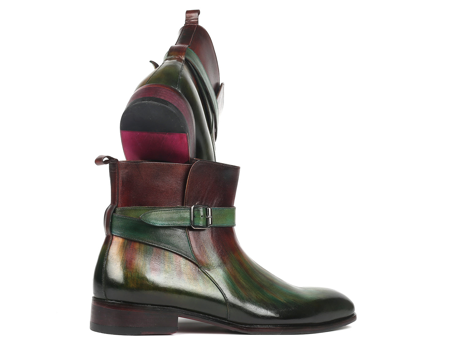 Paul Parkman Men's Jodhpur Boots in Green and Bordeaux, featuring hand-painted leather, single buckle design, and luxurious interior.