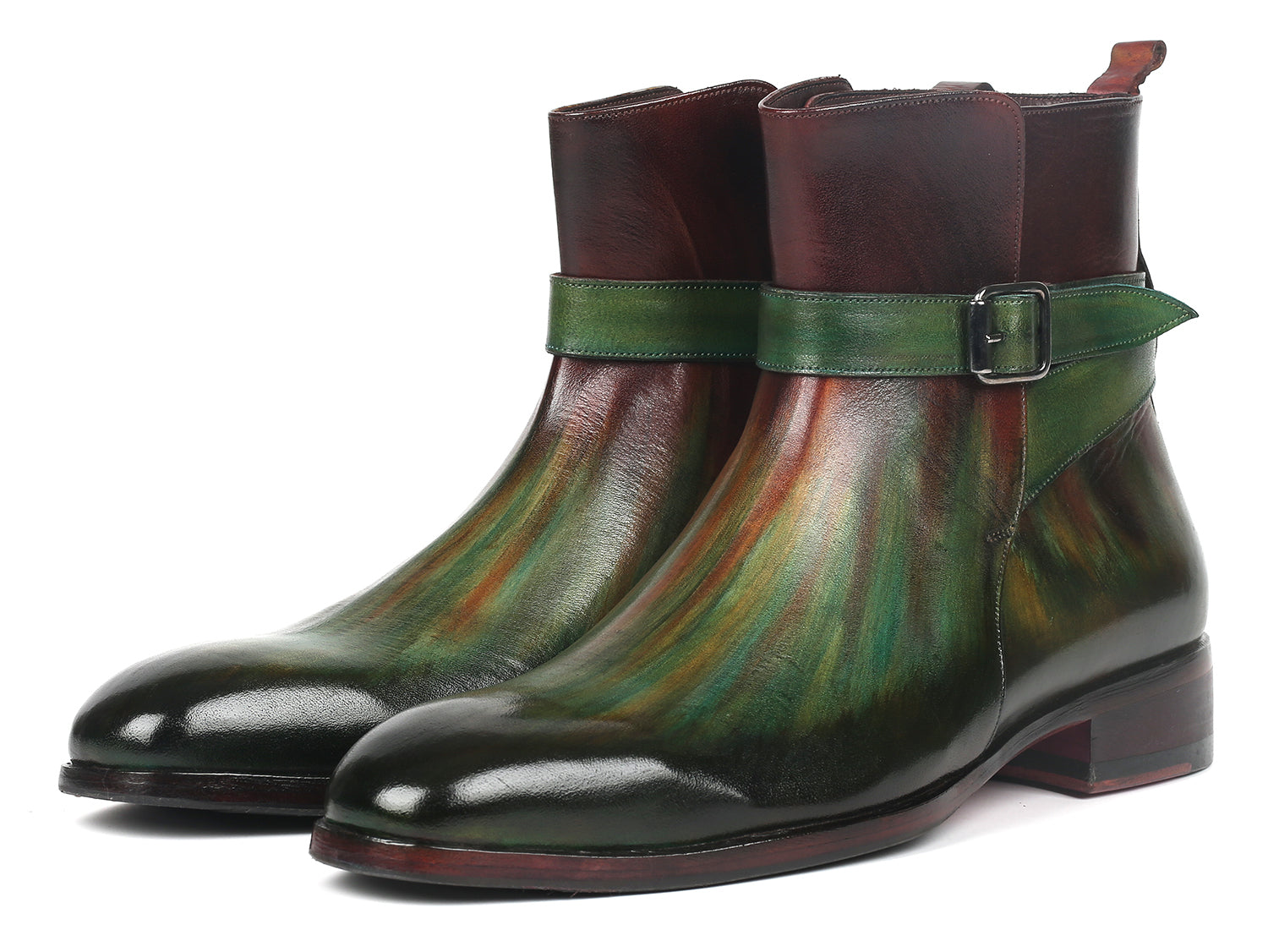 Paul Parkman Men's Jodhpur Boots in Green and Bordeaux, featuring hand-painted leather, single buckle design, and luxurious interior.