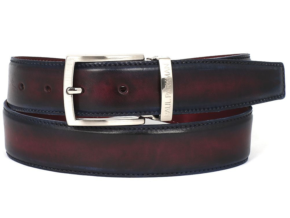 PAUL PARKMAN Men's Leather Belt in dual tone Navy and Bordeaux, showcasing premium Italian calfskin leather with a hand-painted finish.