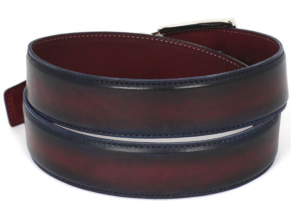 PAUL PARKMAN Men's Leather Belt in dual tone Navy and Bordeaux, showcasing premium Italian calfskin leather with a hand-painted finish.