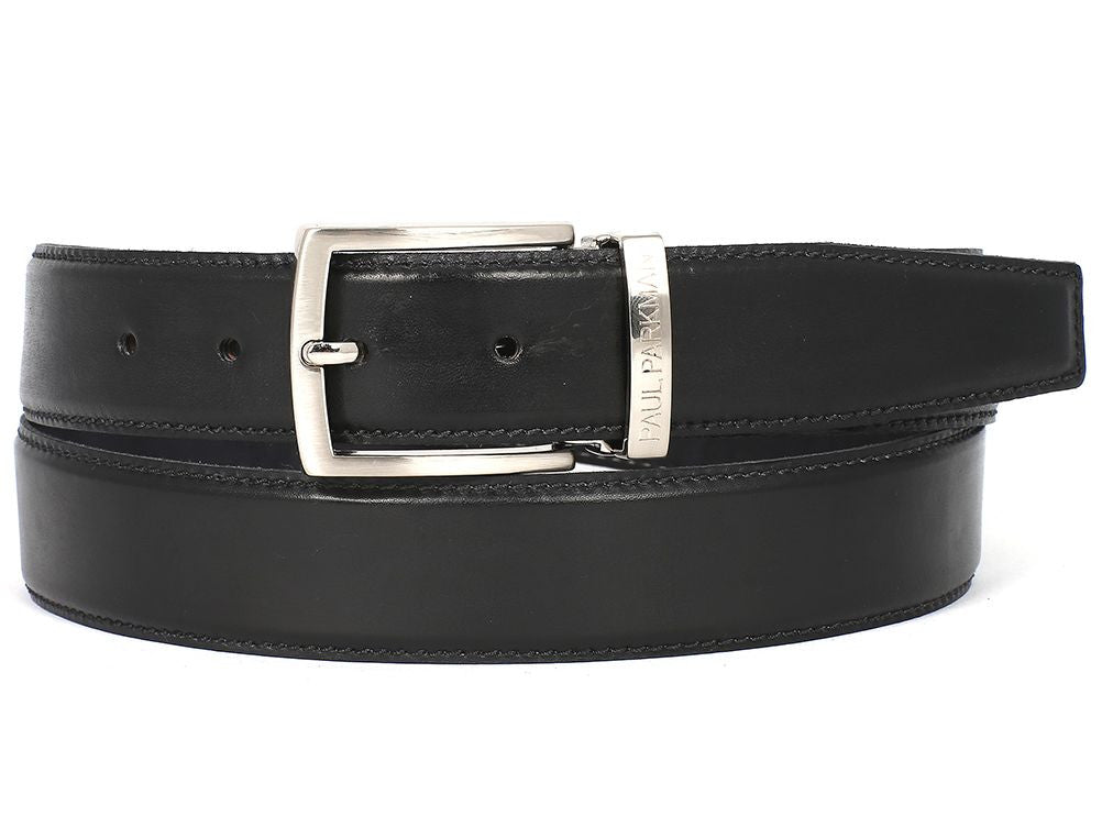 PAUL PARKMAN Men's Leather Belt, hand-painted black, crafted from genuine Italian calfskin leather, showcasing a sleek and elegant design.